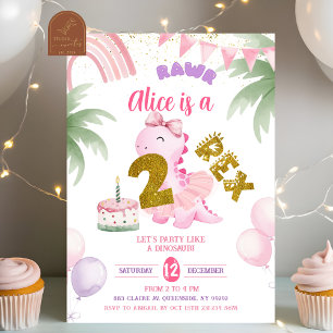 Pink Pastel Dinosaur 2-rex Rawr birthday Invitation