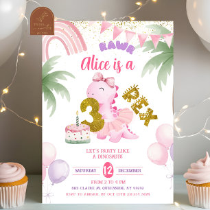 Pink Pastel Dinosaur 3-rex Rawr birthday Invitatio Invitation