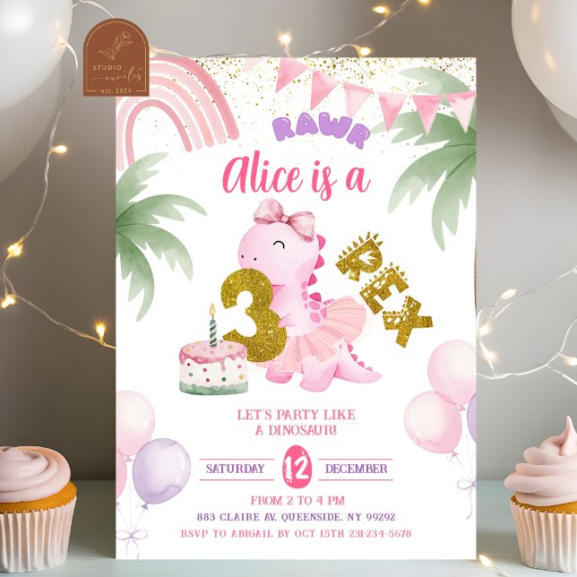 Pink Pastel Dinosaur 3-rex Rawr birthday Invitatio Invitation (Creator Uploaded)