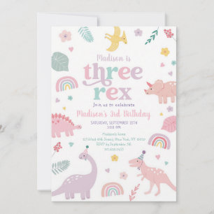Pink Pastel Dinosaur Third Birthday Invitation