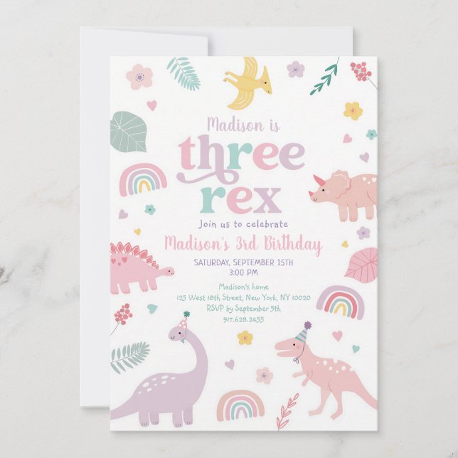 Pink Pastel Dinosaur Third Birthday Invitation (Front)