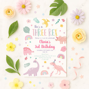 Pink Pastel Dinosaur Three Rex Birthday Invitation