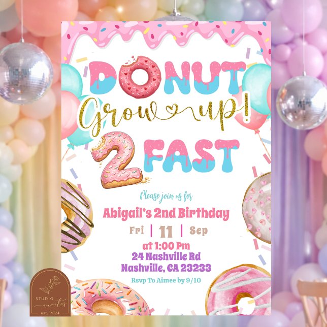 Pink Pastel Doughnut Grow Up Two Fast Second Birth Invitation (Creator Uploaded)