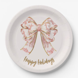 Pink Pastel Elegant Christmas Bow Paper Plates