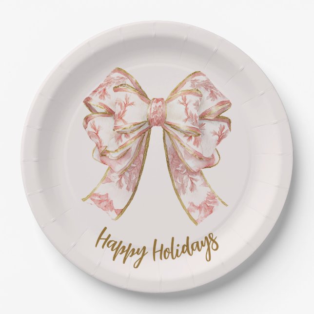 Pink Pastel Elegant Christmas Bow Paper Plates (Front)