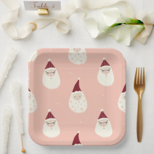 Pink pastel festive red christmas hats santa cute paper plate