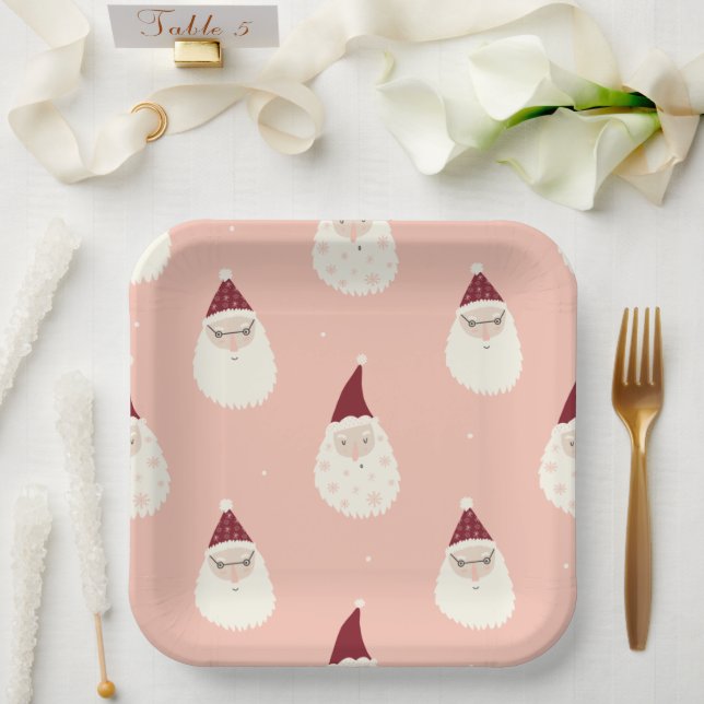 Pink pastel festive red christmas hats santa cute paper plate (Wedding)