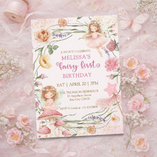 Pink Pastel Floral Fairy First Garden Birthday  Invitation