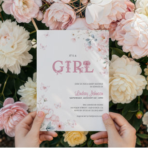 Pink Pastel Floral It's A Girl Bow Baby Shower Invitation