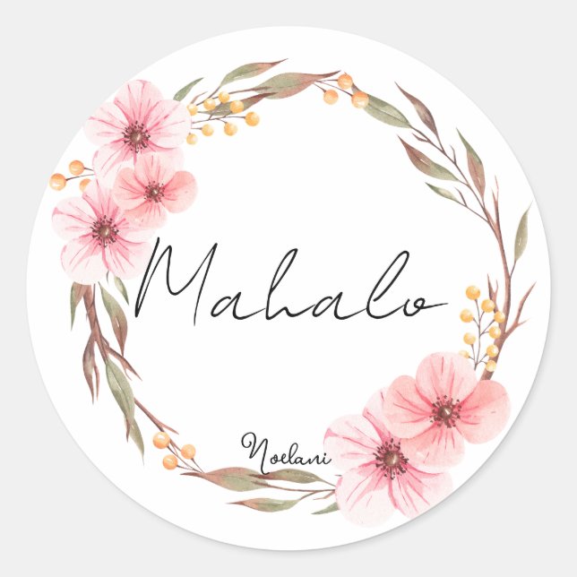 Pink pastel floral mahalo thank you sticker (Front)