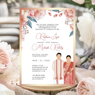 Pink Pastel Floral South Indian Couple Wedding Invitation