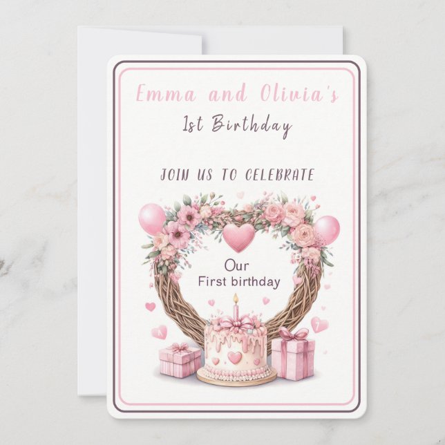 Pink Pastel Floral Wreath Twins First Birthday - Invitation (Front)