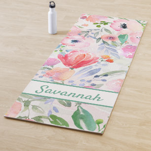 Pink pastel florals rose gold white monogram yoga mat