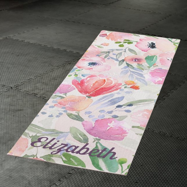 Pink pastel florals watercolored name yoga mat (Creator Uploaded)