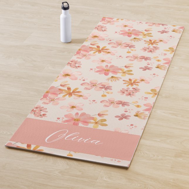 Pink pastel flowers watercolor Monogram Name  Yoga Mat (In Situ)