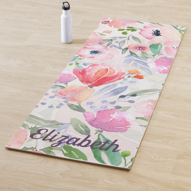 Pink pastel flowers watercolored with name yoga mat (In Situ)