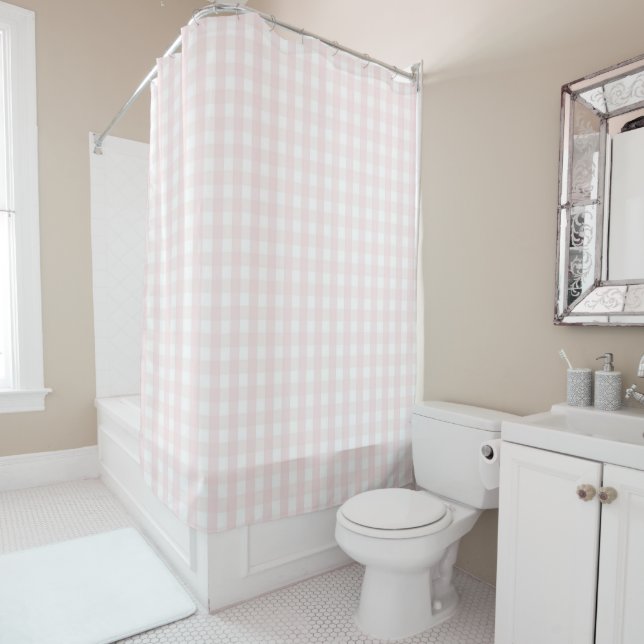 Pink Pastel Gingham Pattern Modern Farmhouse Shower Curtain (In Situ)