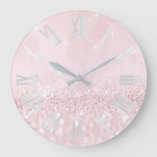 Pink Pastel Girly Glitter Gray Roman Numbers Large Clock
