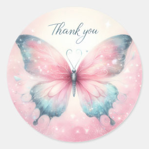 Pink Pastel Glitter Butterfly - Thank you - Classic Round Sticker