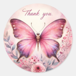 Pink Pastel Gold Glitter Butterfly - Thank you - Classic Round Sticker