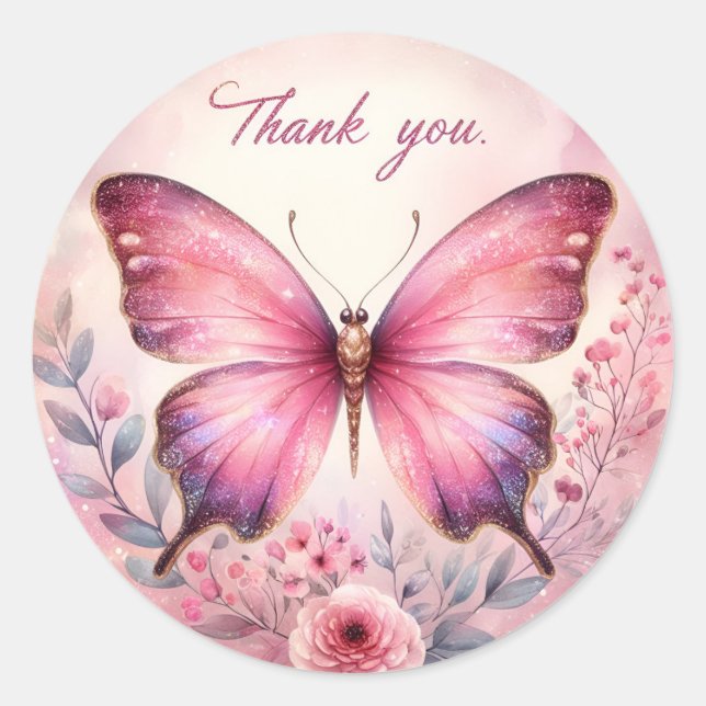 Pink Pastel Gold Glitter Butterfly - Thank you - Classic Round Sticker (Front)