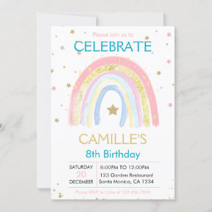 Pink Pastel Gold Rainbow birthday Invitation