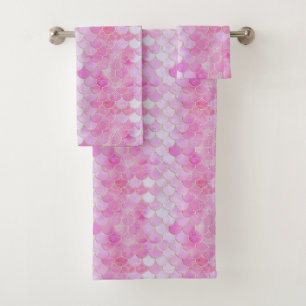 Pink Pastel & Gold Shimmer Mermaid Scale Pattern Bath Towel Set