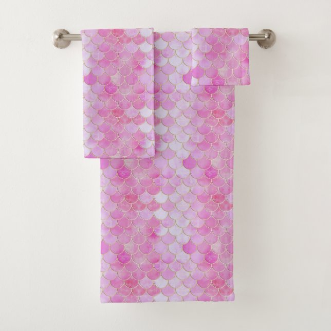 Pink Pastel & Gold Shimmer Mermaid Scale Pattern Bath Towel Set (Insitu)