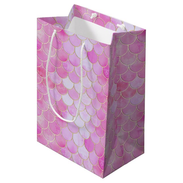 Pink Pastel & Gold Shimmer Mermaid Scale Pattern Medium Gift Bag (Front Angled)