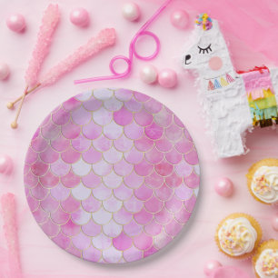Pink Pastel & Gold Shimmer Mermaid Scale Pattern Paper Plate