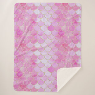 Pink Pastel & Gold Shimmer Mermaid Scale Pattern Sherpa Blanket