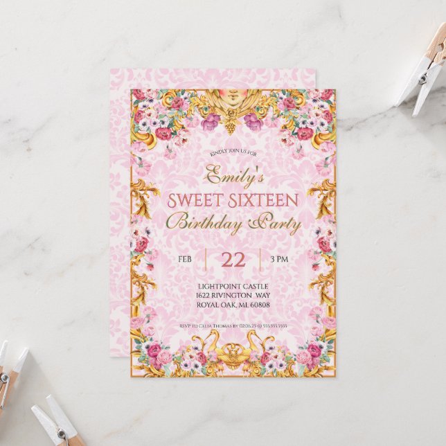 Pink Pastel Gold Sweet Sixteen Rococo Birthday Invitation (Front/Back In Situ)