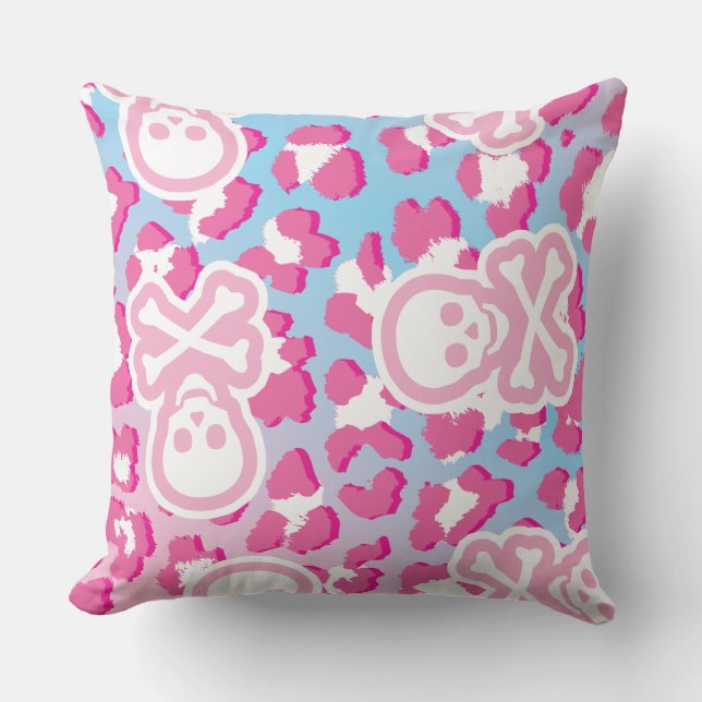 Pink Pastel Goth Pirate Jolly Roger Leopard Print  Cushion (Front)