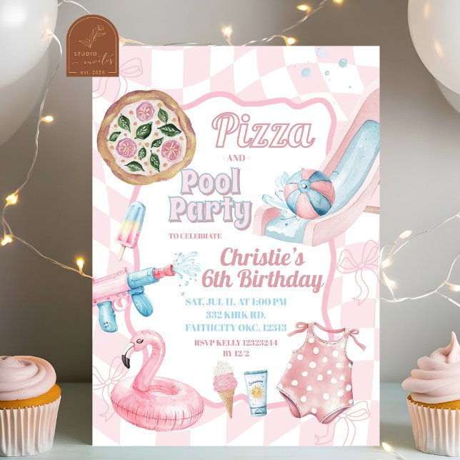 Pink Pastel Groovy Pizza and Pool Summer Birthday Invitation (Creator Uploaded)