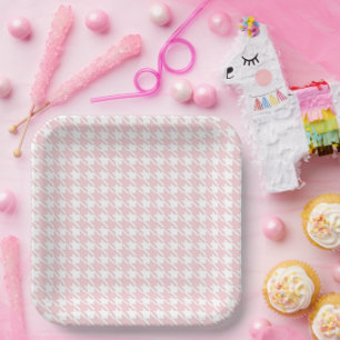 Pink Pastel Houndstooth  Baby Girl Paper Plates