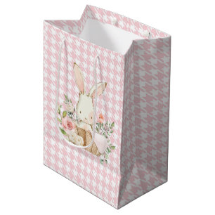 Pink Pastel Houndstooth  Bunny Rabbit Medium Gift Bag