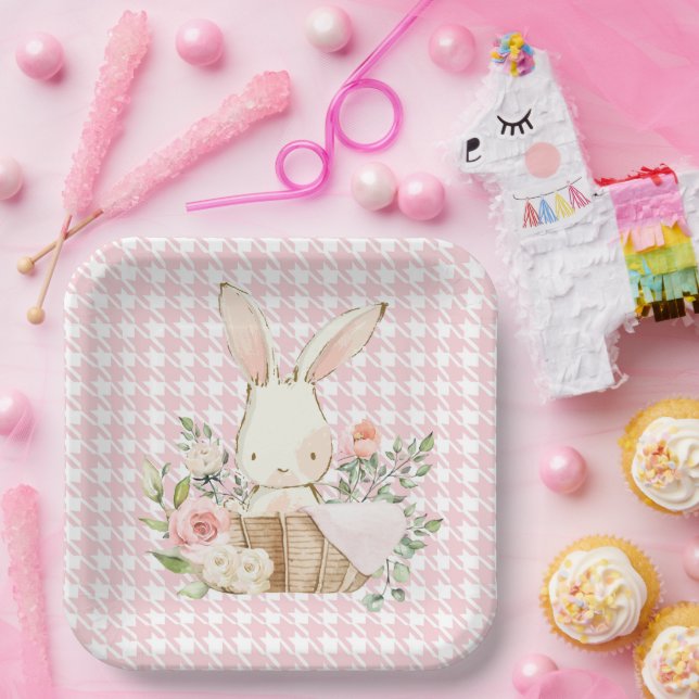 Pink Pastel Houndstooth  Bunny Rabbit Paper Plate (Party)