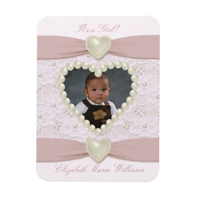 Pink Pastel Lace Pearl Baby Photo Magnet (Vertical)