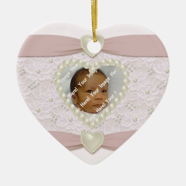 Pink Pastel Lace Pearl Baby Photo Ornament (Front)