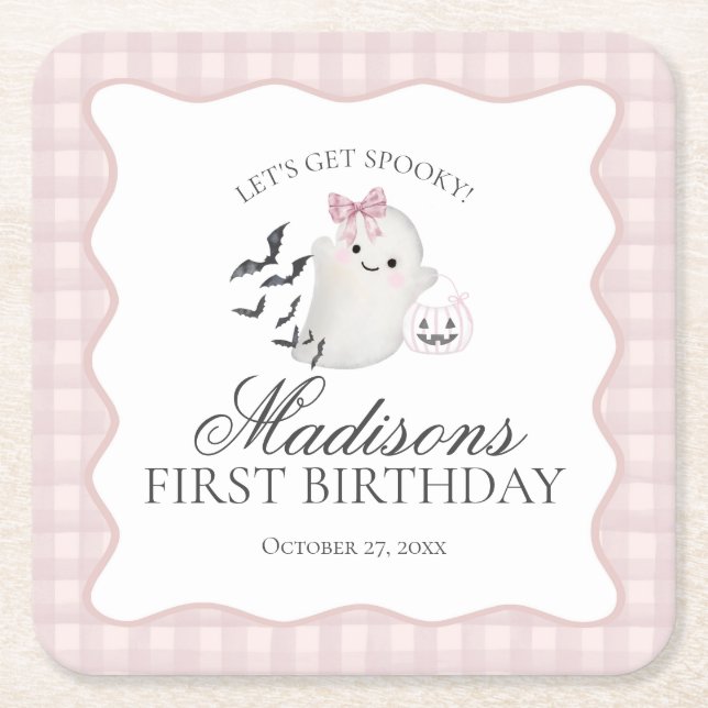 Pink Pastel Little Boo Ghost Birthday Party Bar Square Paper Coaster (Front)