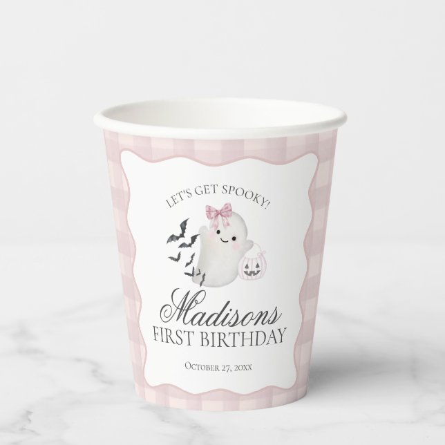 Pink Pastel Little Boo Ghost Birthday Party Coffee Paper Cups (Front)