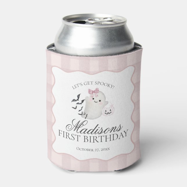 Pink Pastel Little Boo Ghost Birthday Party Favour Can Cooler (Can Front)