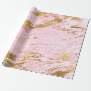 Pink Pastel Marble Shiny Golden Brushes Wrapping Paper
