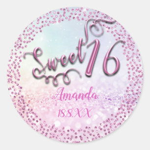 Pink Pastel Ombre Sweet 16th  Round Glitter Sparky Classic Round Sticker