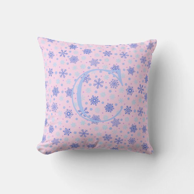 Pink Pastel Pink Snowflakes Elegant Chic Monogram Cushion (Front)