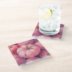 Pink Pastel Pumpkins Fall Autumn Painting Glass Coaster