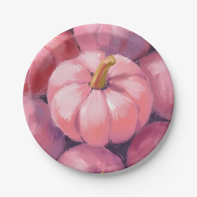 Pink Pastel Pumpkins Halloween Paper Plate (Front)