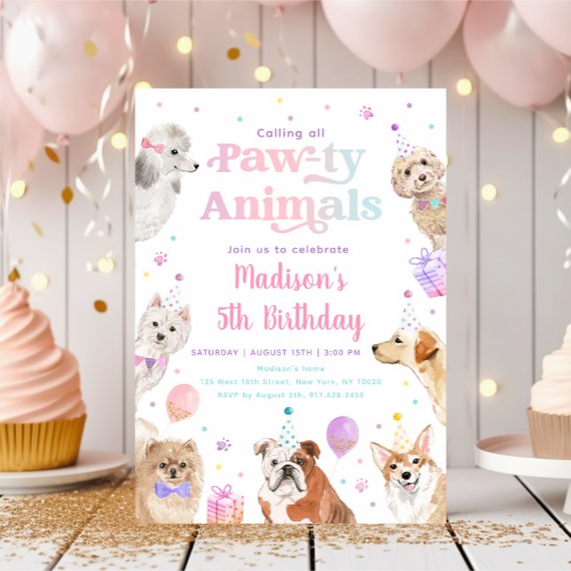 Pink Pastel Puppy Dog Paw-ty Animals Birthday Invitation (Creator Uploaded)