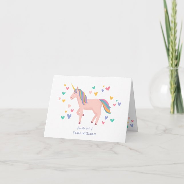 Pink Pastel Rainbow Unicorn Kids Personal Thank You Card (Front)