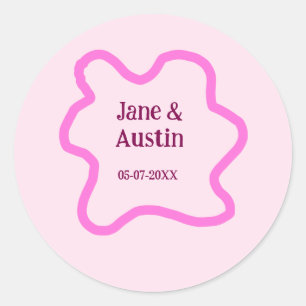 Pink pastel retro wedding border frame name date classic round sticker